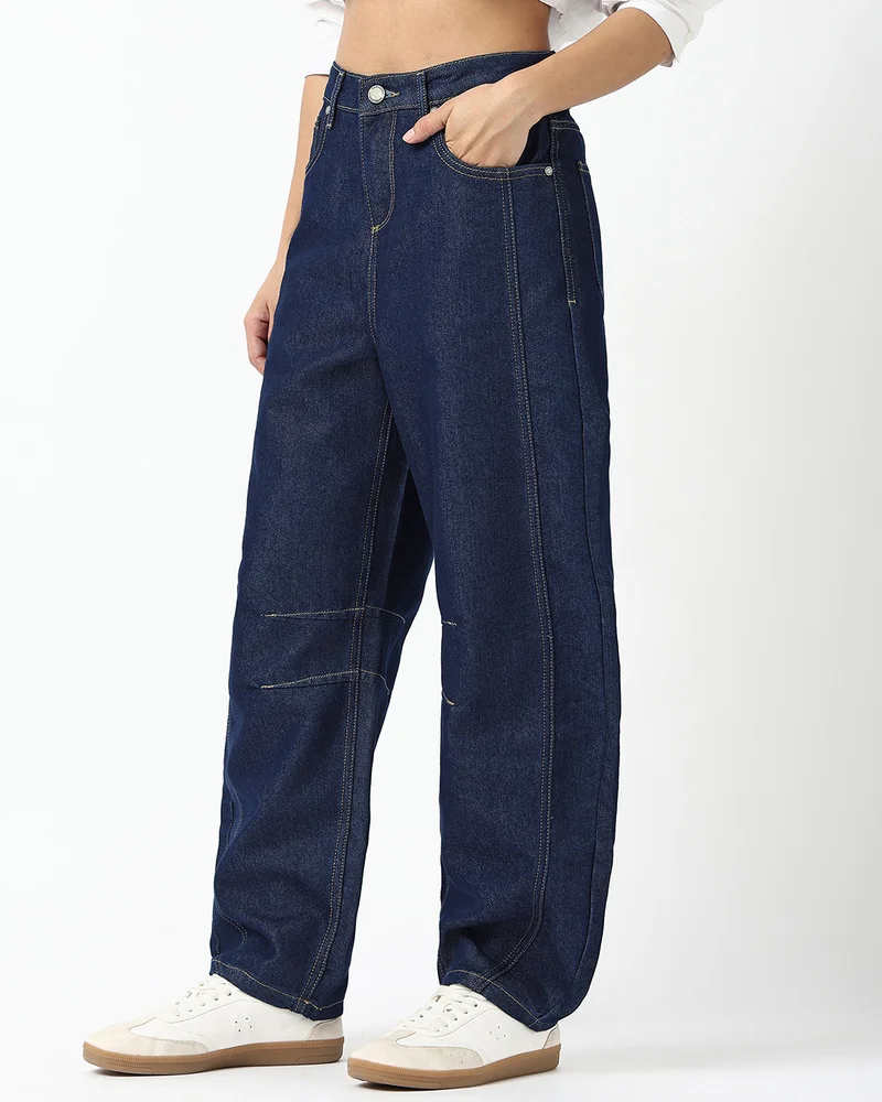 bewakoof Women's Blue Washed Barrel Fit Jeans